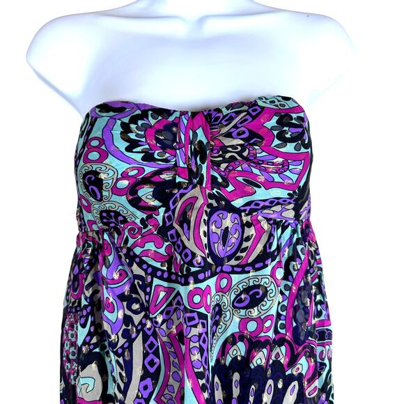 Tibi Strapless Paisley Print Silk Lurex Empire Babydoll Mini Dress Women's 6 NWT - Picture 2 of 10